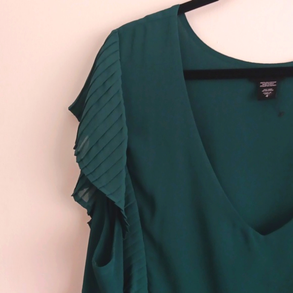Teal V-Neck Pleated Flutter Sleeve Women's Top - Picture 3 of 7